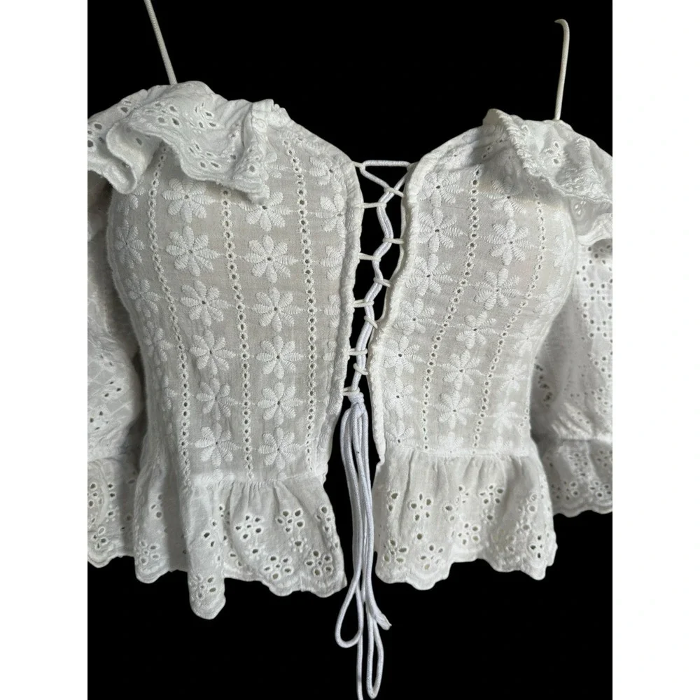 Women's Strappy Cropped Lace-Up Eyelet Peplum Top Blouse Boho Festival Delicate